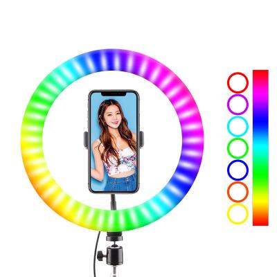 China Makeup MJ33 10 inch 13inch Rainbow Cosmetic DJ USB RGB Ring Light 3000k-6000k 1600LM 15W LED RingLight with Phone Tripod Stand for Visual Light for sale