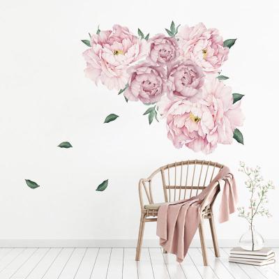 China High Quality Idyllic Pink Peony 3D Flower Wall Stickers Decorative Sticker Leaves Living Room Falling Wallpapers Home Decoration Wall Decal for sale