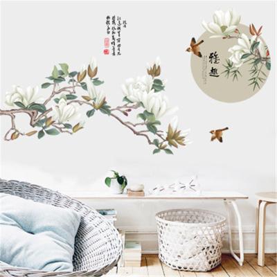 China High Quality Decorative Wall Decor Chinese Style Sticker White Flowers With Birds Self Adhesive Wallpaper TV Background Wall Mural for sale