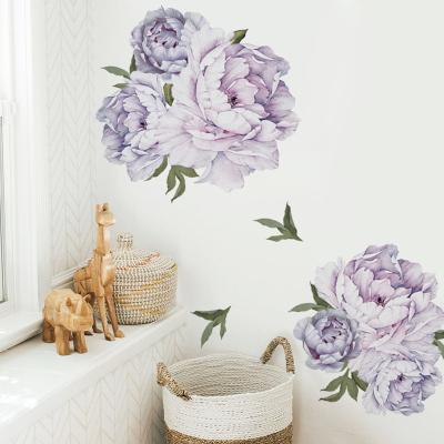 China Wall Decorative Light Purple Peony Flower Sticker Flowers Romantic Blooming Wallpaper For Bedroom Living Room PVC Wall Removable Mural for sale