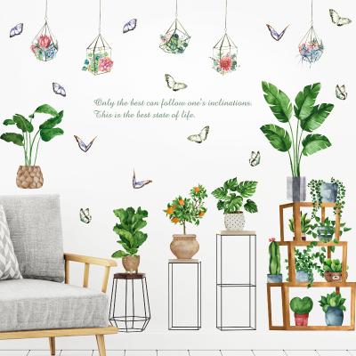 China Living Room Cute Potted Green Creative Potted Butterflies Stickers Plant Decal TV Background Decor Repurposed And Easy To Use Wallpaper for sale