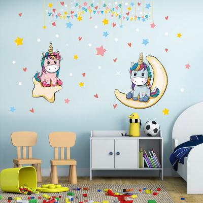 China Blue Colorful Unicorn Wall Stickers Moon And Pink Cartoon Decorative Sticker Stars Flags Wallpaper For Kid's Living Room Bedroom Wall Mural for sale