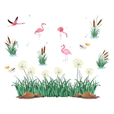 China Children's bedroom wall mural decorative hot sale flamingo pink grass green grass stickers creative background wall mural reused and easy to use TV wallpaper for sale