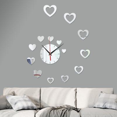 China Creative reused and easy to use living room love heart mirror wall clock solid and hollow modern home decoration stickers wallpaper for sale