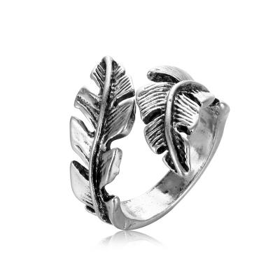 China Environmentally Friendly Retro Silver Leaf Ring Stainless Steel Personality Feathers Arrow Opening Rings Adjustable Jewelry for sale