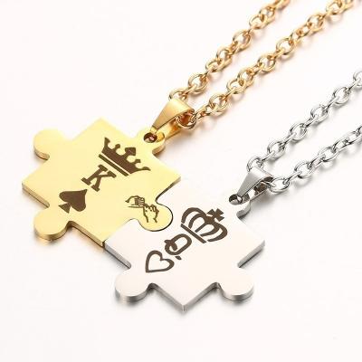 China Hot CLASSIC valentine's Puzzle Shaped King Queen Couple Necklace Dangle Pairs Necklace Jewelry Letter With Crown For Women Man Gift for sale