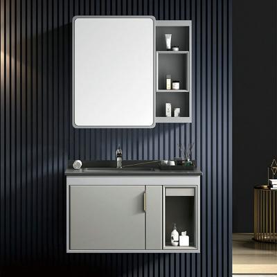 China Modern Waterproof Single Sink PVC Vanity Bathroom Cabinet With LED Mirror And Artificial Marble for sale