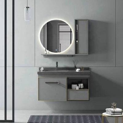 China New come modern wall mounted plywood storage basin cabinet bathroom with LED mirror and gold deco for sale