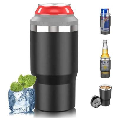 China Sustainable 14oz 4-in-1 Beer Can Cooler With Two Lids Double Wall Cola Bottle Stainless Steel Can Cooler Travel Coffee Mug Can Holder for sale