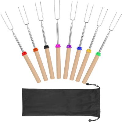 China Outdoor Gear Increasing Camping Marshmallow Roasting Sticks With 8Pcs Wooden Handle Extendable Forks Set Telescoping Smores Skewers for sale