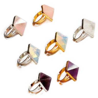 China CLASSIC Inlaid Adjustable Jewelry Rose Quartz Opal Reiki Healing Amethyst Ring Electroplate Golden Silvery Pyramid Shape Gemstone Ring for sale