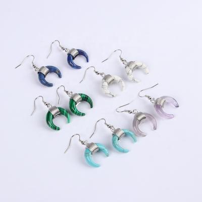 China Natural Ethnic Gemstone Horns Shape Dangling Earrings Elegant Crescent Fashion Charm Men Women Reiki Earrings Healing Crystal Jewelry for sale