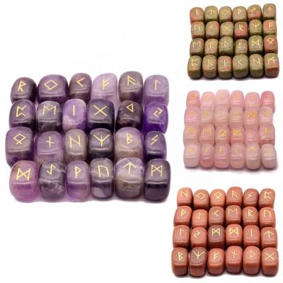 China 25pcs/set Europe Divination Fortune Telling Natural Stone Prop Engrave Futhark Rune Viking Healing Crystal Ornaments Home Decor for sale