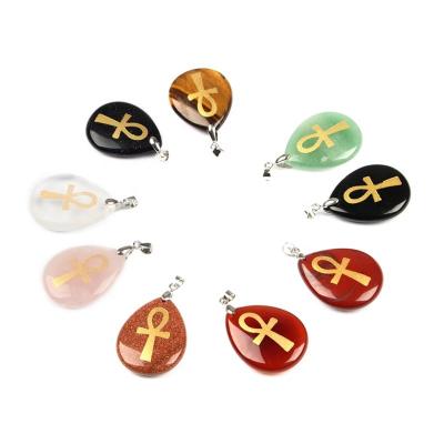 China Religious Stone Pendant Rune Jewelry Crystal Engrave Symbol Of Life Ankh Cross Necklace Water Drop Charm Pendant Natural Religious Stone for sale