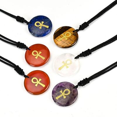 China CLASSIC Natural Stone Engrave Ankh Cross Reiki Symbol Pendant Men Women Healing Crystal Quartz Necklace Religious Jewelry Wholesale for sale