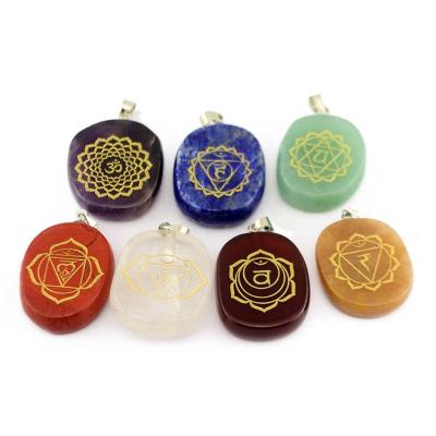 China Hot Sale CLASSIC Chakras Symbol Energy Stone Necklace Crystal Pendant Handmade Carve Yoga Chakra Reiki 7 Color Healing Crystal Jewelry for sale