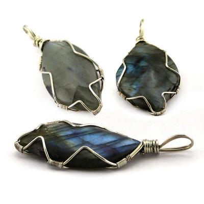 China Casual/Sporty Natural Labradorite Necklace Gun-Black Wire Pendant Retro Wrapping Stone Irregular Fashion Charm DIY Men's Pendant Jewelry for sale