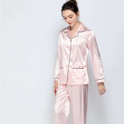 China Two Piece Cardigan Homewear Loose Lapel QUICK DRY Silk Two Piece Long Sleeve Pants Pajamas for sale