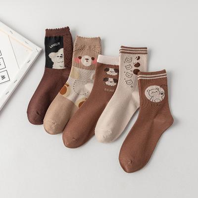 China QUICK DRY Fashion Casual Women's Socks Street Cartoon Brown Series Women's Cotton Bangs Jacquard Tube Socks for sale