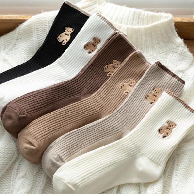 China White Crew Socks Autumn Korean Style Japanese College Style All-match QUICK DRY Teddy Bear Tube Socks for sale