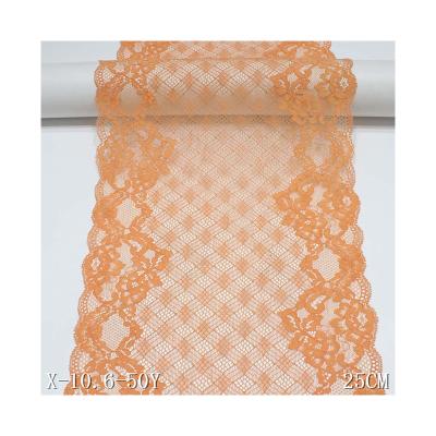 China Elastic Orange Flower Mesh Tulle Lace Fabric 25cm Viable High Quality Lace Stretch Lace Fabric for sale