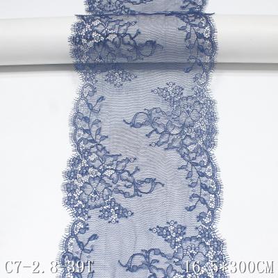 China Blue Inelastic Eyelash 16cm Wide Sustainable Lace Up Polyester Apparel Material Nylon Lace for sale