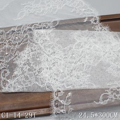 China Sustainable Blue White 24cm Inelastic Eyelash Lace Knitted Nylon Polyester Garment Lace Fabric for sale