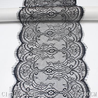 China Non-Elastic Polyester Eyelash Pattern Dress Fabric Nylon Lace 27cm Black Viable Lace for sale