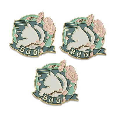 China China manufacturers supply Die Casting Badge English Cat Cute Animal Cartoon Flowers Special Shaped Badge Zinc Alloy Baking Paint for sale