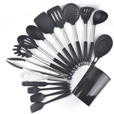 China 16 Pieces Viable Silicone Kitchen Utensils With Stainless Steel Handle Silicone Black Kitchen Utensils Cookware Instruments for sale