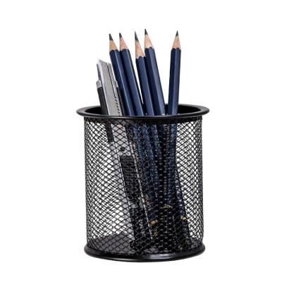 China Durable 3 Pack Black Office Desk Pen Organizer Round Table Metal Mesh Pencil Cup Pen Holder for sale