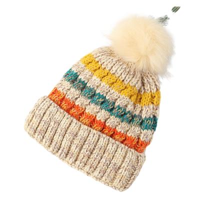 China JOINT Wholesale Custom Logo Hats Winter Warm Stripe Woman Wool Beanie Knit Hats With Pom Pom for sale