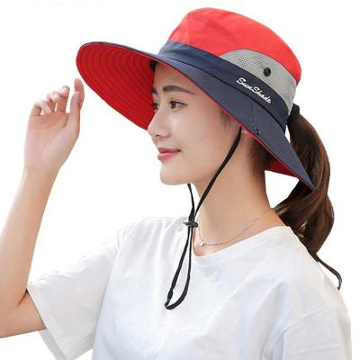 China Hot Sale UV Verified Ponytail Hats For Women Kids Bucket Hat With String for sale