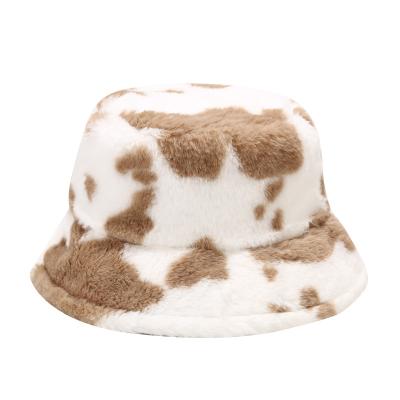 China 2021 Picture Designer Vintage Fashion 3 Colors Furry Cow Print Rabbit Hair Fur Bucket Hat/Winter Hat For Women Winter Autumn for sale