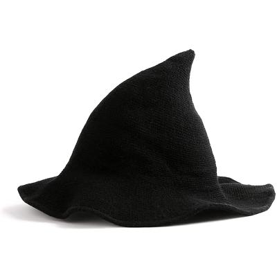 China Fabric Type: 15% wool/75% polyester fiber/10% chemical fiber Halloween witch hat ladies black cute knit foldable headed wide brim cosplay girl dress wool party daily accessory hat for sale