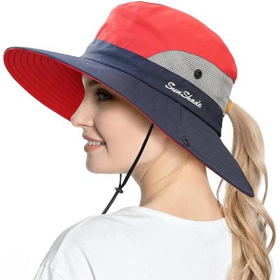 China Polyester/Cotton Women Ponytail Sun Hat Anti-ultraviolet Wide Brim Foldable Beach Fishing Hat for sale