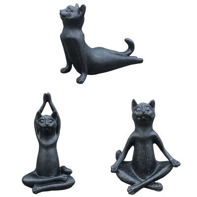 China Custom Antique Decorative Statue Resin Black Polystone Sandstone Yoga Cat Figurine Europe for sale