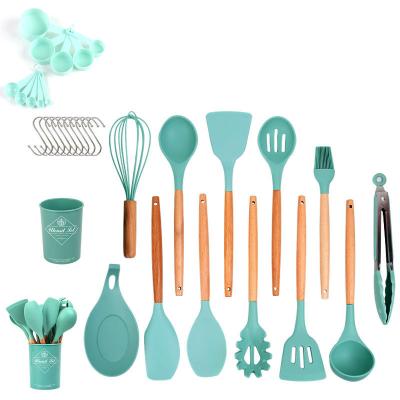 China 23pcs Viable Wooden Kitchenware Accessories Silicone Utensil Set With Holder Silicon Tongs Modern Kitchen Utensils Set Porcelain for sale