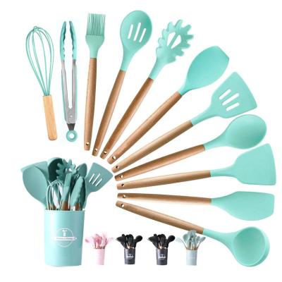 China 12 Pcs Sustainable Nonstick Silicone And Wooden Kitchenware Set For Cooking Kitchen Utensil Set for sale