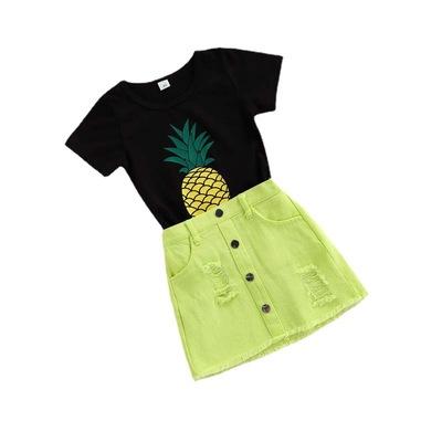 China 991T Kids Summer Sweet Girls Clothing Sets Pineapple T-shirt and Denim Skirt Two-Piece Sets for sale