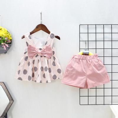 China IHJ5380 Casual Girls Clothing Summer Bow Tops And Shorts Two Piece Sets Kids Clothing for sale