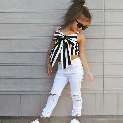 China IHJ5059 Casual Kids Clothing Sets Summer Little Girl Clothes Striped Tops And Panty Two Piece Sets for sale