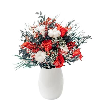 China 2022 Hot Selling Home Decor Flower Bouquet with Preserved Roses Dried Eucalyptus Cotton for Vase for Birthday Gifts for Home Decor for sale