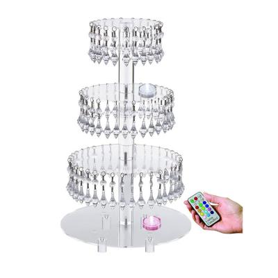 China 5-Layer Acrylic Cupcake Stand Cake Display Stand Round Acrylic Cake Stands Wedding Cupcake Stand Dessert Display with Crystal Pendant Led Light String for sale