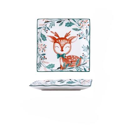 China Logo Square Artistic Festival Plate Customized Viable With Reindeer Pattern 7 Inch Plates Porcelain Dishes for sale