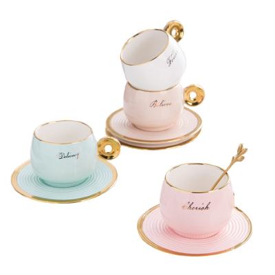 China Artistic Sustainable Customized Glazed Decal And Modern Luxury Coffee Mug Set With Saucer And Spoon Tea Cup Set for sale