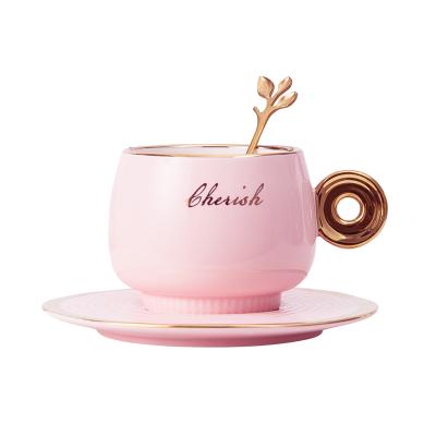 China Stocked Hot Selling Customized Pink Color Ins Style Ceramic Ice Cream Cups Tea Cups And Saucers for sale