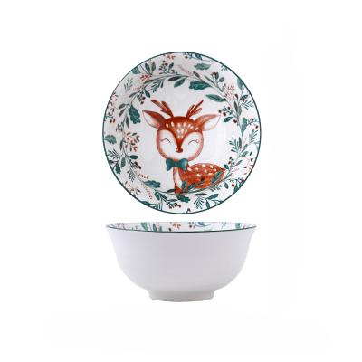 China Viable Decal Deer Artistic Round Safety Packing Soup Bowl Festivals And Party Bowls 8 Inch Ceramic Bowls for sale