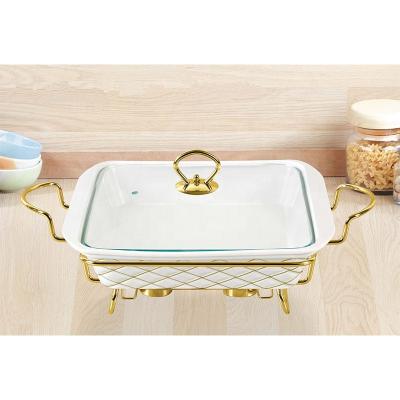 China Modern Hot Selling Heatable Chandelier Casserole Pot For Party Square Casserole Food Ceramic Warmer Casserole With Iron Gold Stand for sale