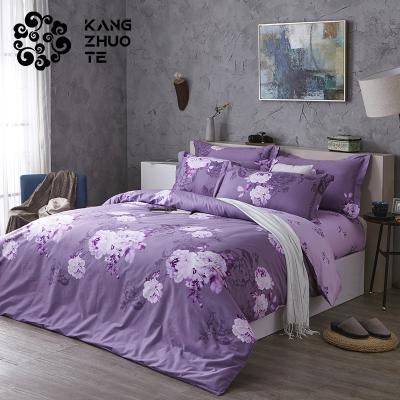 China Hot Sale Nondisposable Nondisposable Reactive Printing 100% Brushed Cotton Purple Bedding Set (4 Pieces) for sale